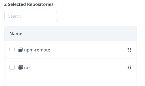 JFrog Artifactory Virtual Repository configuration showing Selected Repositories list with npm-remote at the top and nes at the bottom