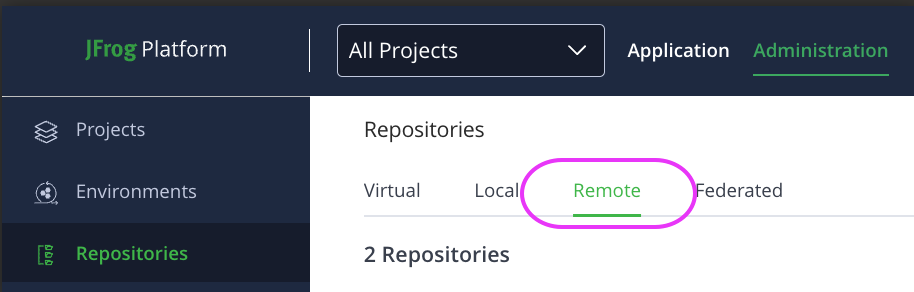 JFrog Artifactory Repositories page showing the Remote subtab selected