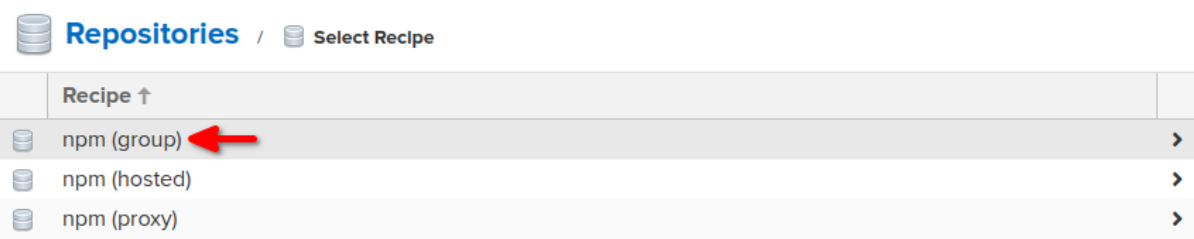 Nexus recipe selection screen showing three npm repository types: npm (group), npm (hosted), and npm (proxy), with npm (group) highlighted and indicated by a red arrow