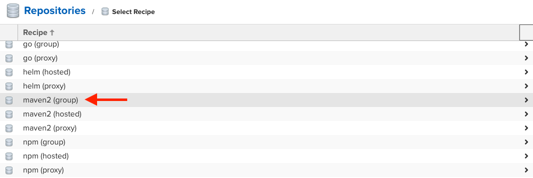 Nexus recipe selection screen showing Maven repository types with Maven (group) highlighted and indicated by a red arrow