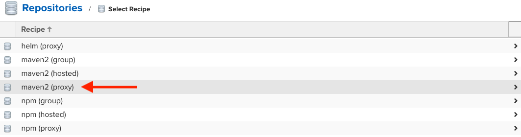 Nexus recipe selection screen showing Maven repository types with Maven (proxy) highlighted and indicated by a red arrow