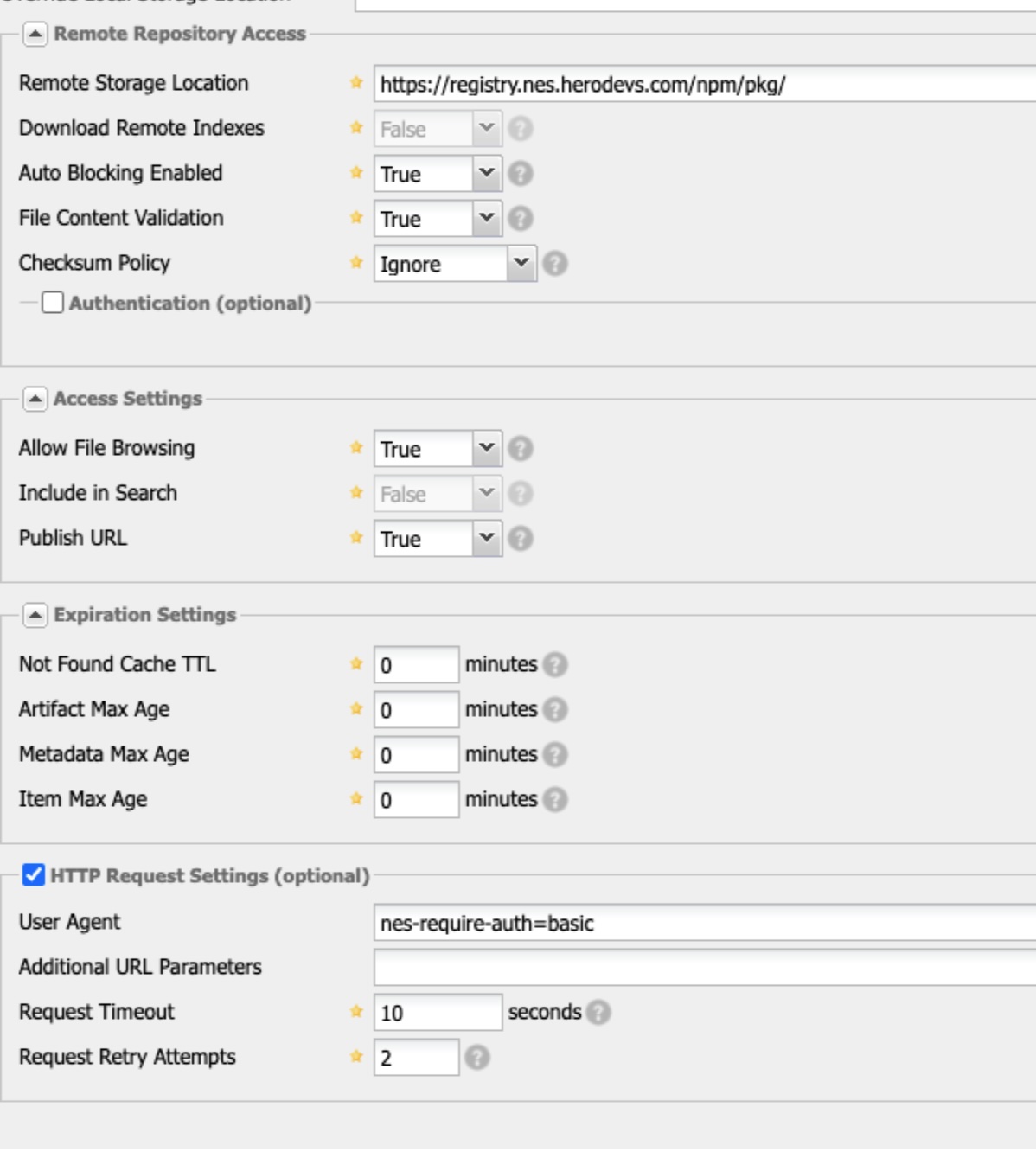 Sonatype Nexus 2 repository configuration showing HTTP Request Settings with User Agent field containing nes-require-auth=basic but no authentication credentials provided